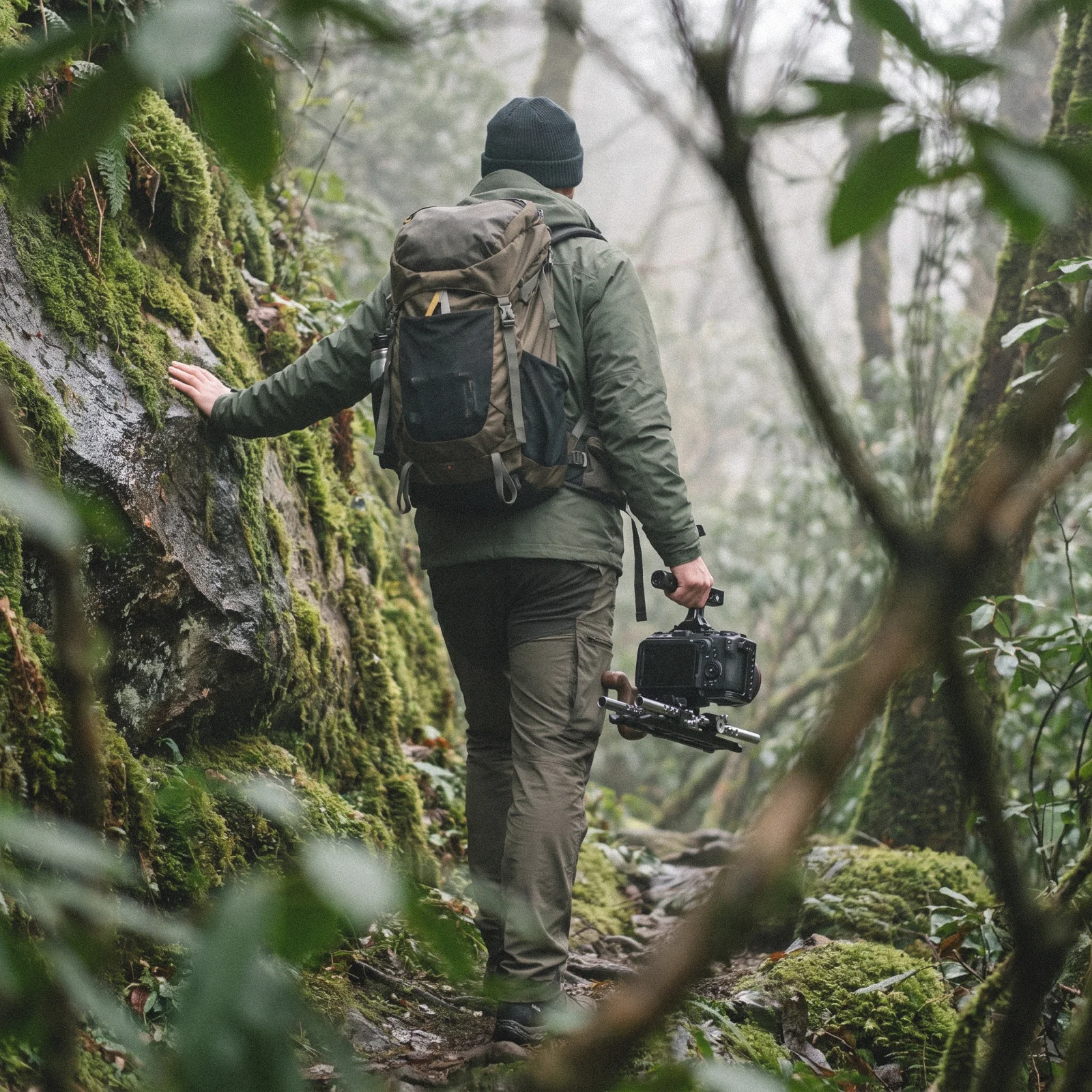 Filmmaker carrying camera rig outdoors